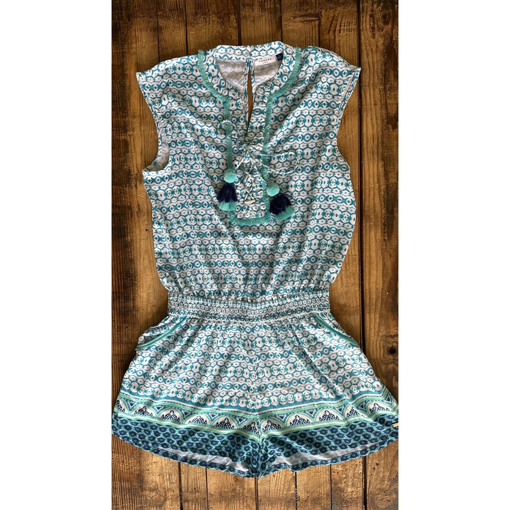 Cabana Life Womens Teal Blue Geometric Lace Up Tassel Romper Large Sleeveless